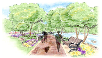 artist's rendering of an individual walking along the riverwalk lined with flowers and trees