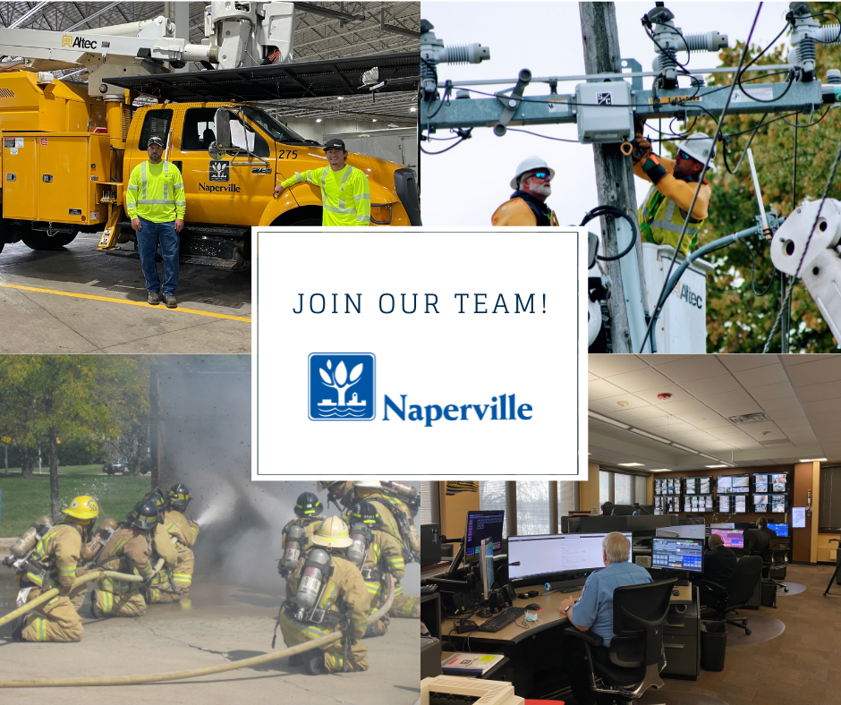Join Our Team: Collage image of City workers, including firefighters, Department of Public Works staff with truck, electric workers and man seated at a desk working at a computer monitor with his back to the camera.
