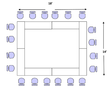 scale drawing of chairs around tables situated in a square 