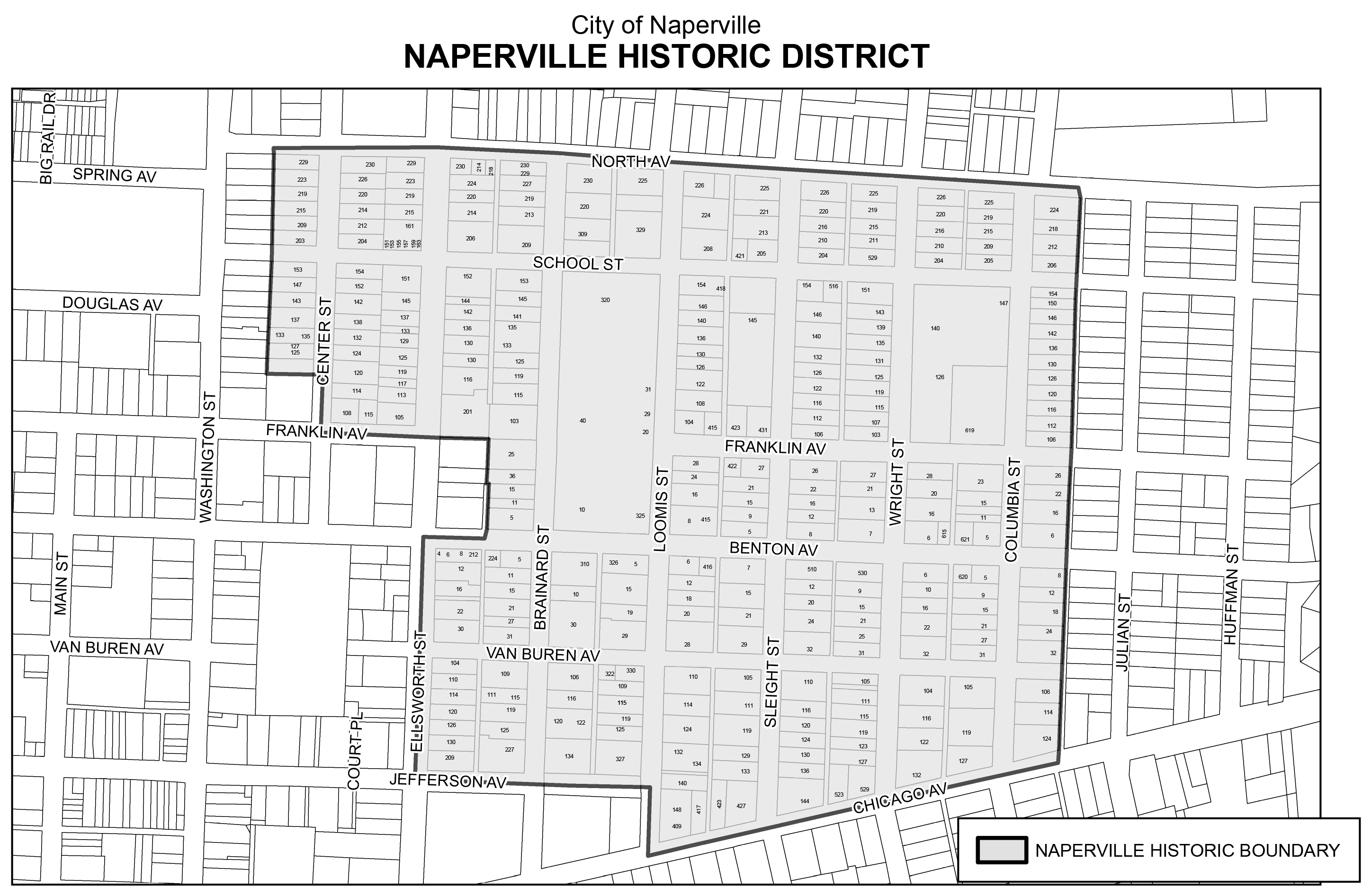 Map showing area of Naperville's historic district.