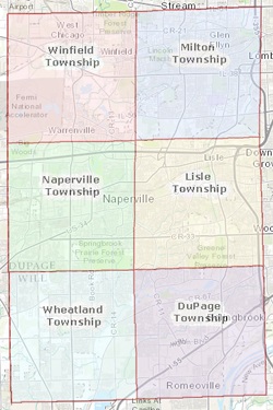 a map of the six townships in which the City of Naperville falls: Winfield, Milton, Naperville, Lisle, Wheatland, and DuPage townships.