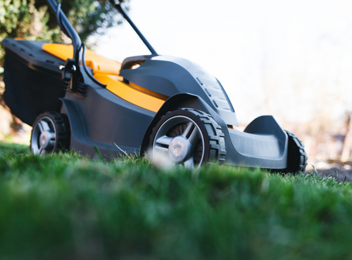 A battery-powered, yellow and gray electric lawn mower cutting a lawn.