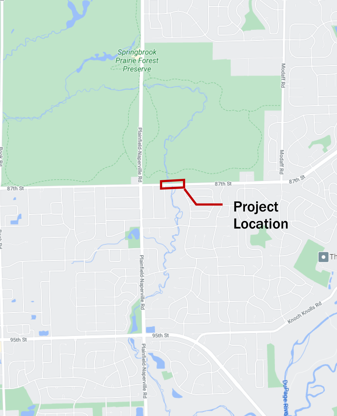 Map displaying the area of the 87th Street Bridge replacement work, along 87th Street near the intersection of Naperville/Plainfield Road.