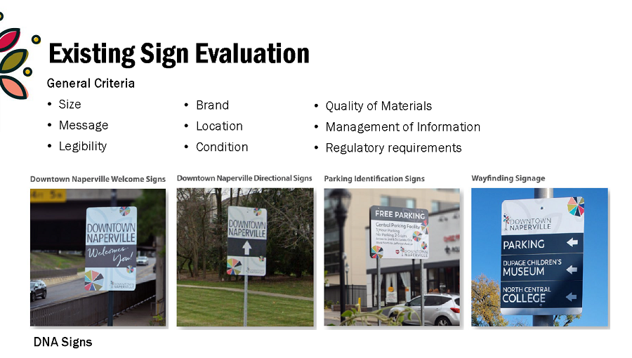 examples of criteria used to evaluate existing signs in the downtown Naperville area