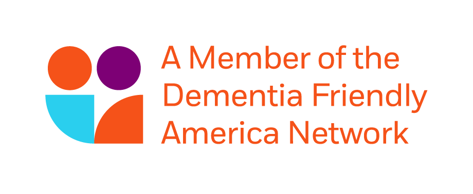 Logo for Dementia Friendly America: Stylized people with purple and orange circles and aqua and orange triangles. Text: "A member of the Dementia Friendly America Network."